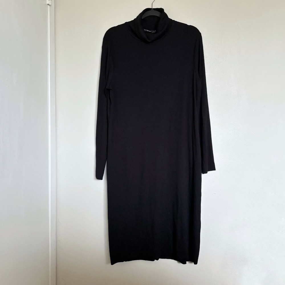 Gudrun Sjoden Ribbed Turtleneck Dress Size Large Black Midi Lagenlook Classic
